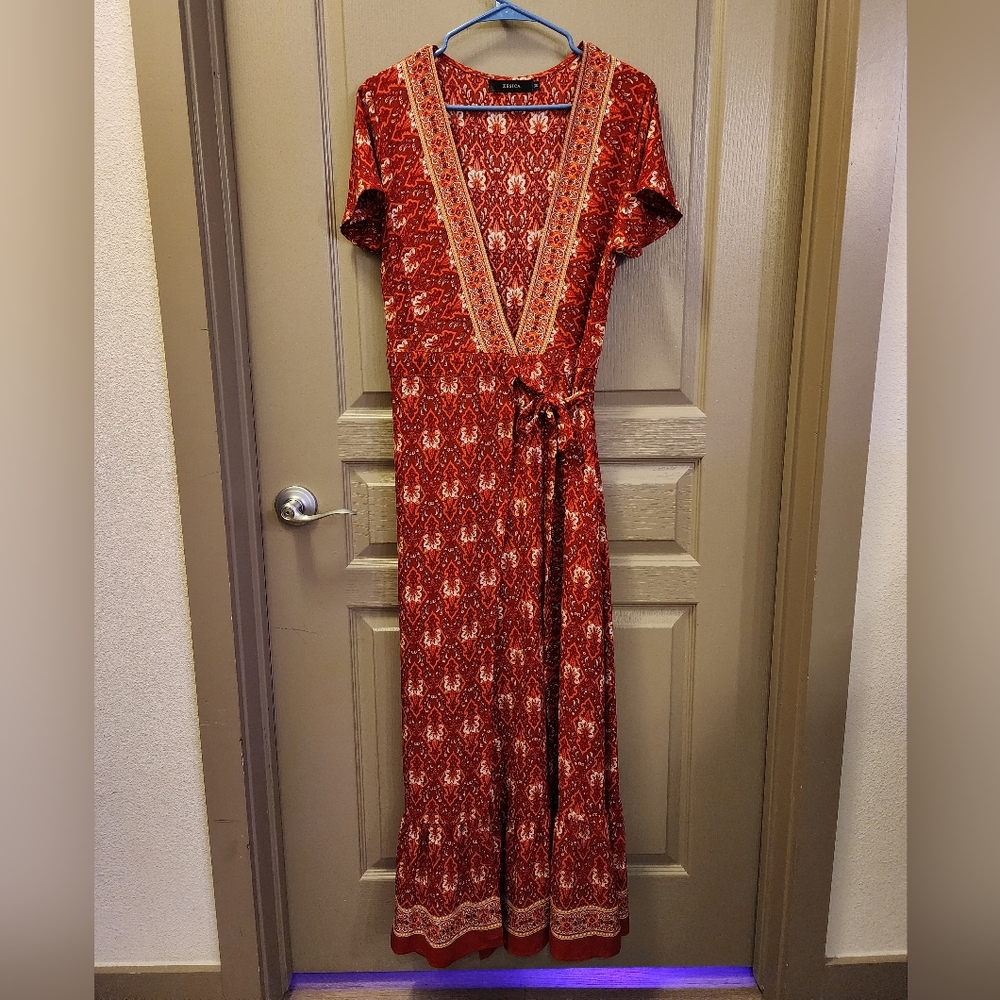 Red Patterned Maxi Wrap Dress